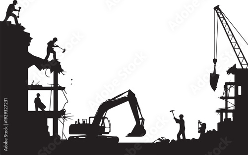 Construction site with workers and heavy machinery silhouettes