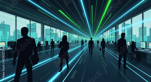 Office with people moving at a fast pace, pulsing to the rhythm of the traffic: lasers in acid green and electric blue draw in the air, vector illustration, synthwave vibe.
