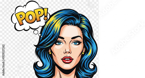 Comic book style portrait of a beautiful woman with blue hair and a thought bubble.