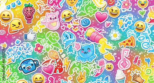 Colorful and joyful emoji stickers creating a vibrant and cheerful collage.