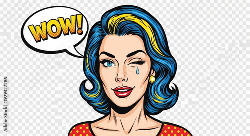 Comic book style illustration of a woman with blue hair and a speech bubble.