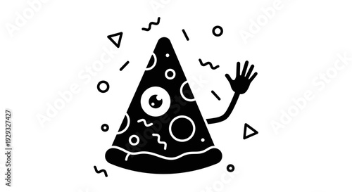 Funny Cartoon Pizza Character Waving Hand.