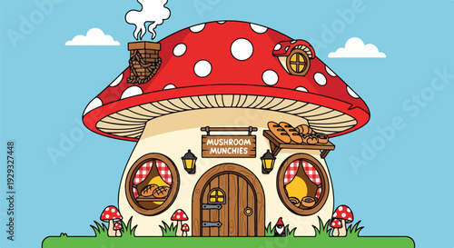 Cartoon illustration featuring a mushroom house shop with baked goods