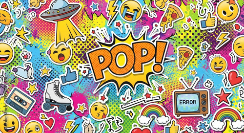 Pop Art Explosion - A Vibrant Collage of Retro Icons and Modern Emoticons.
