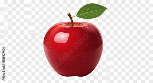Vibrant red apple with a green leaf, a delicious and healthy fruit.