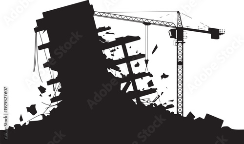 Demolition site with crane and collapsing building