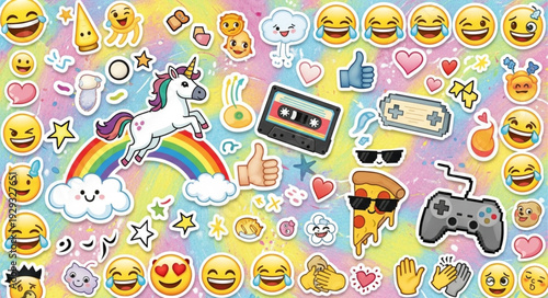 Colorful stickers featuring a unicorn, rainbow, emojis, and various other fun elements.
