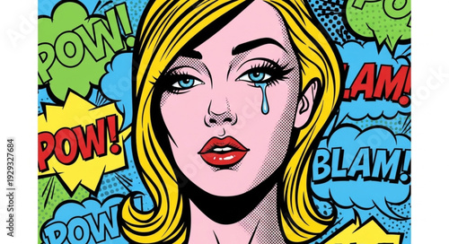 Pop Art Portrait of a Crying Woman with Blonde Hair and Red Lips.