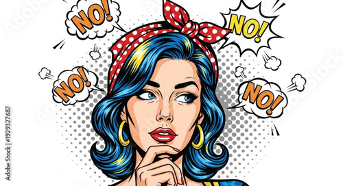 Retro woman in pop art style with thought bubbles expressing refusal.