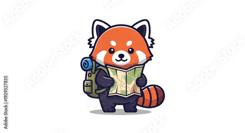 Cute red panda cartoon character with backpack reading a map for adventure.