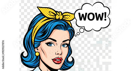 Retro comic book woman with blue hair and a wow thought bubble.