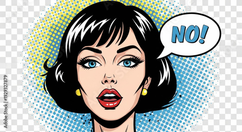 Comic book style woman with black hair and blue eyes says no in a speech bubble.