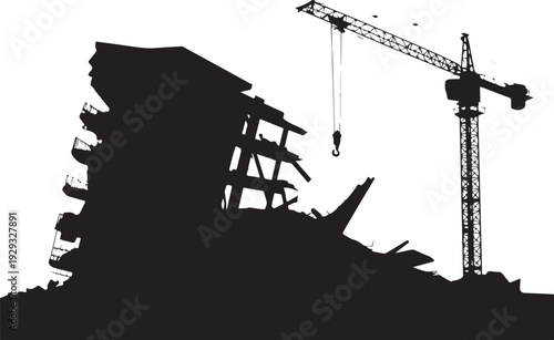 Demolition site with crane and destroyed building construction