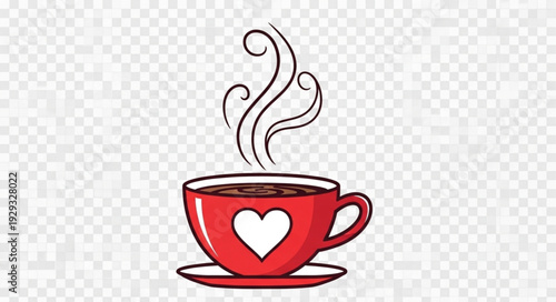Red cup of coffee with a heart symbol and steam rising up.