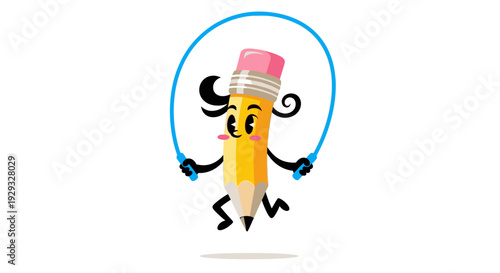 Smiling Pencil Character Jumping Rope.