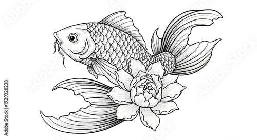 Elegant Koi Fish and Lotus Flower Illustration, Japanese Art Style