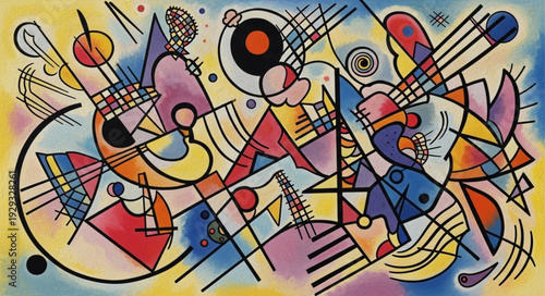 Abstract composition with musical instruments, colorful shapes, and dynamic lines.