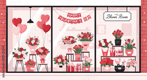 Cartoon storefront displays, Valentine's Day decorations, and balloons