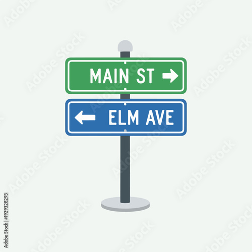 Cartoon street sign with two directional street names, isolated on white