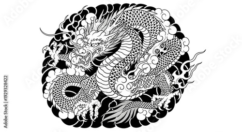 Traditional Japanese Dragon Tattoo Design, Black and White