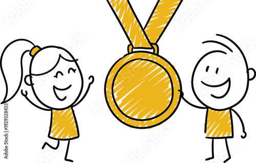 Two cheerful doodle characters joyfully celebrate their shared achievement with a golden medal