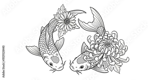 Koi fish and chrysanthemums, decorative illustration, black and white art
