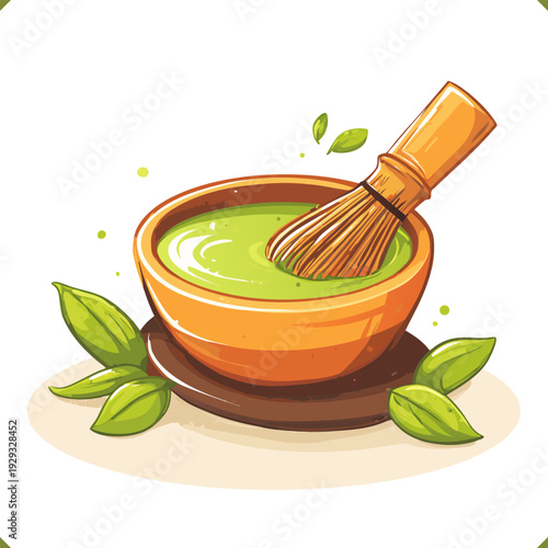 Vector illustration of matcha green tea in bowl with bamboo whisk, traditional Japanese drink, isolated on white background