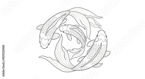 Circle of Koi Fish Sketch Illustration, Zen Symbolism, Black and White Design