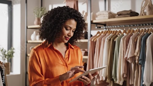 Smiling woman using digital tablet in modern retail store managing fashion inventory