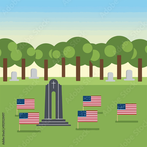 Cartoon-style cemetery with American Civil War flags and monument