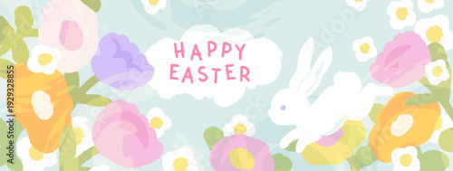 Happy Easter background with cute flowers and bunny. Springtime frame. Vector floral template for card, banner, poster, decoration and greetings for Easter, Mother's Day, birthday
