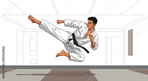 Karate practitioner performing a dynamic flying side kick in a dojo
