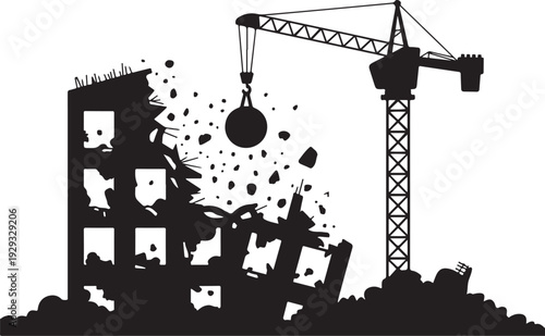 Demolition site with crane and wrecking ball destroying building
