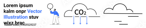 Person holding a balloon near clouds while arrows indicate CO2 emission. Ideal for climate change, environment, pollution, sustainability, carbon footprint, education, simple landing page