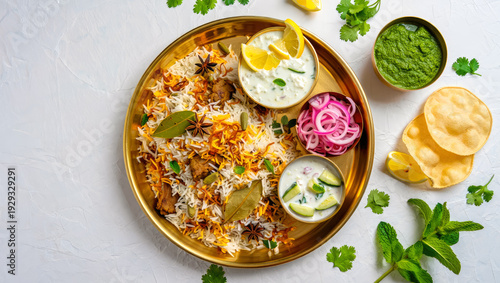 Authentic biryani dish with vibrant accompaniments, served on a brass plate, traditional Indian cuisine, perfect for food blogs and culinary presentations, menu, top view
