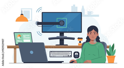 Productive Woman Working Remotely at Home Office Desk with Laptop, External Monitor, and Digital Tools – Modern Workspace Illustration