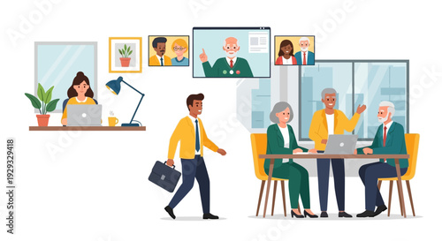 Hybrid Work and Collaboration: Diverse Professionals in Office, Remote, and Video Conferencing Roles