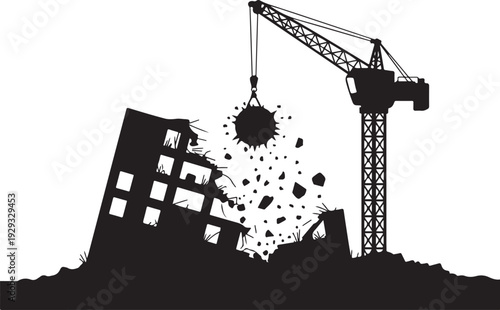 Demolition site with crane and wrecking ball destroying building