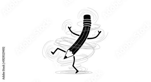 Running pencil cartoon character moving fast.