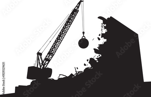 Demolition site with crane and wrecking ball construction