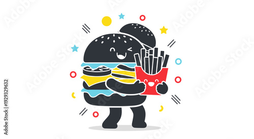 Cartoon character holding burger and fries.