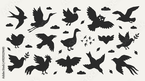 Hand gesture silhouette collection. Black icons set - thumbs up, peace sign, fist, open palm, handshake, heart gesture, pointing finger, key hold. Vector linocut style minimalist design elements.