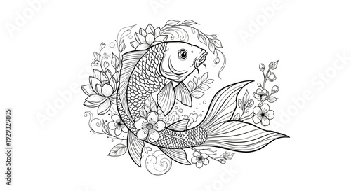 Koi Fish and Lotus Flowers Illustration - Black and White Line Art