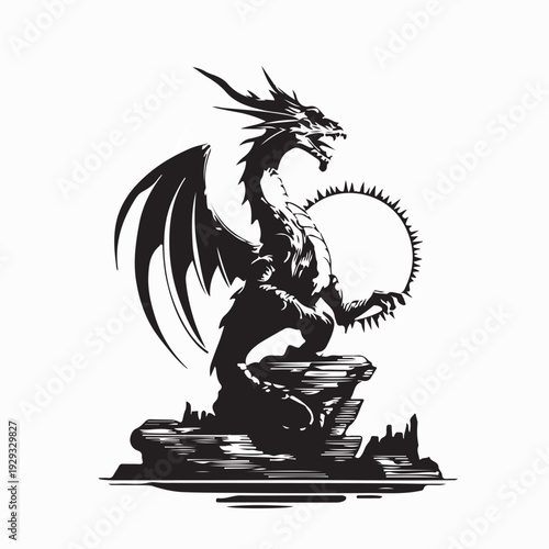 Angry Dragon Perched on Large Rock Silhouette Vector Logo Illustration Design