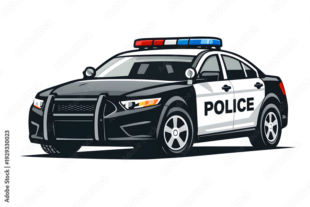 Fototapeta premium Police patrol car illustration isolated on white background, black and white law enforcement vehicle with siren lights