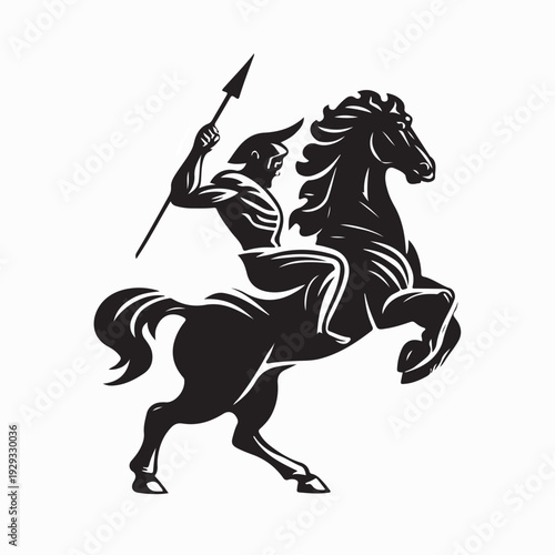 Ancient Greek Warrior Riding Horse with Spear Logo Vector Illustration Design