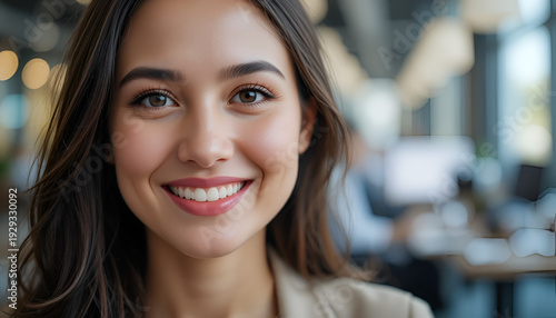 Wallpaper Mural A smiling young woman with long brown hair in a blurred office background Torontodigital.ca