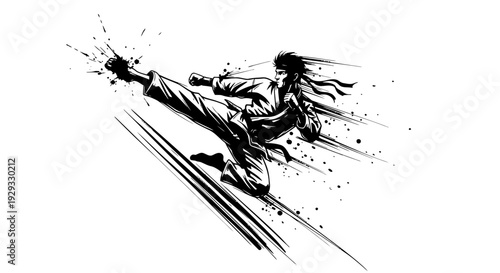 Martial Arts Dynamic Action Kick Black Ink Sketch