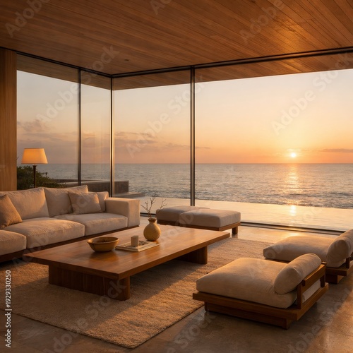 Luxury minimalist seaside living room at golden hour, soft sunset glow pouring through glass walls, warm wood textures