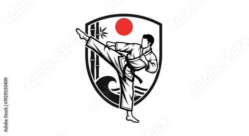 Martial Arts Silhouette: Karate Kick, Bamboo, Sun, Wave in Japanese Emblem